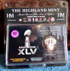 lot 98 image: LIMITED EDITION HIGHLAND MINT SUPERBOWL XLV COIN PLAYED AT AT&T STADIUM - SEALED
