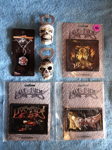 lot 196 image: COOL BIKERS THEMED RIDERS PATCHES AND SKULL BOTTLE OPENERS