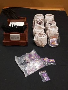 lot 367 image: Lot of The Glenlevit Merchandise - 8 Glasses, Napkin Holder, and Pins