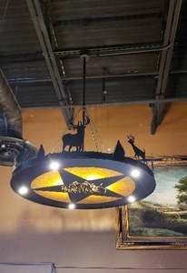 lot 112 image: 4 Round LED Yellow Rose of Texas Light Fixture with 5 Downrod