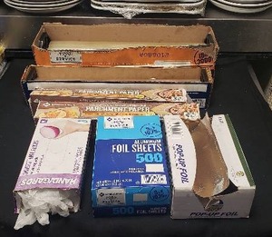 lot 74 image: Lot of Foil, Parchment Paper, Film Roll, and Vinyl Gloves