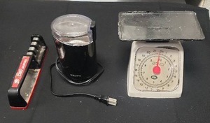 lot 75 image: Krups F203 Grinder, Chef Knife Sharpener, & Lem 22 lb. Scale