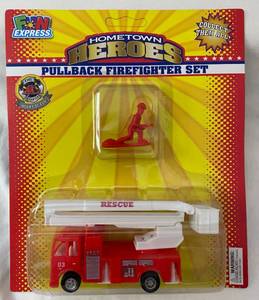 lot 91 image: Hometown Heroes Pullback Firefighter Set Firetruck #3 and Fireman wwater hose figurine