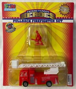 lot 93 image: Hometown Heroes Pullback Firefighter Set Firetruck #4 and Fireman wchainsaw Figurine