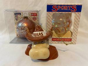 lot 112 image: Texas Longhorn Christmas Ornaments Porcelain Bevo 2 Unique Glass Ornaments