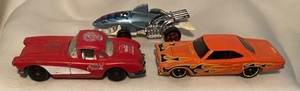 lot 275 image: Hot Wheels 58 Corvette Dodge Challenger & 1986 Shark cruiser