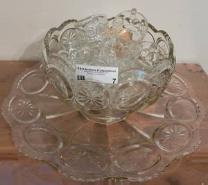 lot 7 image: HEAVY PRESSED GLASS PUNCH BOWL WITH CUPS AND LARGE MATCHING PLATTER.