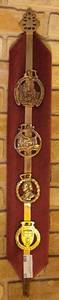 lot 17 image: LOT OF 4 VINTAGE HORSE HARNESS BRASS MEDALIONS WITH DISPLAY.