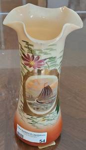 lot 54 image: ANTIQUE 1880S-1890S HAND PAINTED VASE WITH RUFFLED EDGE DESIGN.