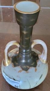 lot 60 image: ANTIQUE 1890S HAND PAINTED DOUBLE HANDLE VASE WITH GILDED DESIGN.