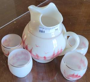 lot 76 image: VINTAGE GENUINE DUNBAR MILK GLASS HAND PAINTED 8.5 PITCHER WITH 4 MATCHING CUPS. EACH CUP APPROX. 3.5 H.