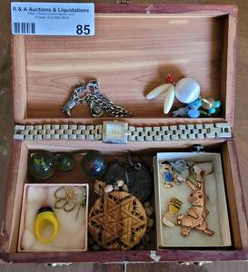 lot 85 image: WATCH, CHARLIE BROWN PINS, AND MORE WITH WOODEN BOX.