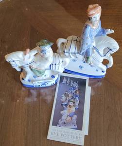 lot 94 image: LOT OF 2 VINTAGE THE CANTERBURY TALES RYE POTTERY HAND DECORATED CHAUCER FIGURES THE KNIGHT AND THE WIFE OF BATH (SOLD 2X THE MONEY)