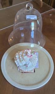 lot 116 image: HENRIETTA IRISH DRESDEN LACE PORCELAIN FIGURE WITH ROUND MADE IN POLAND GRANITE-STYLE PLATE WITH GLASS COVER.