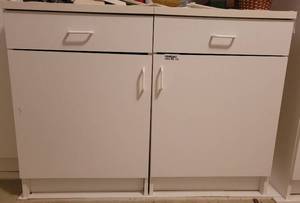lot 196 image: LOT OF 2 WHITE CABINETS WITH DRAWERS AND STORAGE. (SOLD 2X THE MONEY)