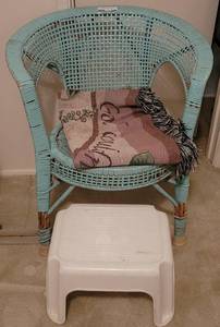 lot 236 image: CHAIR, THROW BLANKET, AND STOOL.