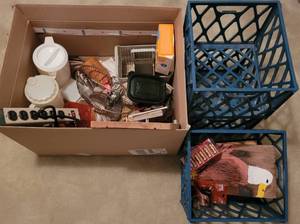 lot 237 image: MIXED LOT INCLUDING PLASTIC CRATES, POWER SURGE, KITCHEN ITEMS AND MORE.