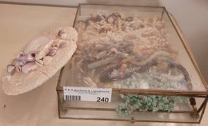 lot 240 image: VINTAGE GLASS CURIO BOX WITH NECKLACES AND MORE.