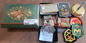 lot 281 image: SWEEDEN FULL LEAD CRYSTAL PAPER WEIGHT, ASSORTED PINS, MUSICAL JEWELRY BOX AND MORE.