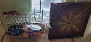 lot 290 image: VINTAGE FOLDING TABLE, WIRE RACKS AND MORE.