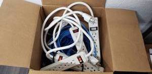 lot 25 image: Lot of 4 Surge Protector Power Stips and Various Ehternet Cables