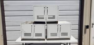 lot 47 image: Lot of 3 White Two Door Locking Storage Cabinets with Keys (Damaged Kickplates) - Each Measures 28L x 23W x 21H