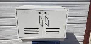 lot 53 image: White Two Door Locking Storage Cabinet with Keys- 28L x 23W x 21H