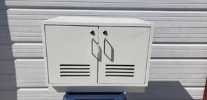 lot 57 image: White Two Door Locking Storage Cabinet with Keys- 28L x 23W x 21H