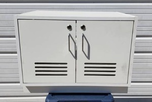 lot 63 image: White Two Door Locking Storage Cabinet with Keys- 28L x 23W x 21H