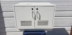 lot 65 image: White Two Door Locking Storage Cabinet with Keys- 28L x 23W x 21H