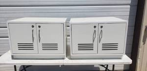lot 67 image: Pair of White Two Door Locking Storage Cabinets with Keys - Each Measures 28L x 23W x 21H