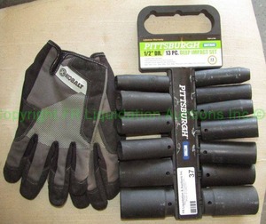 lot 37 image: Pittsburgh 12 drive 13 pc. deep impact socket set and Kobalt mechanics gloves (worn)
