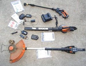 lot 50 image: Worx cordless trimmer, blower, pressure washer with batteries, chargers, and manuals