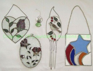 lot 99 image: Stained glass art and wind chimes