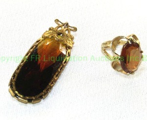 lot 115 image: 18K HGE gold electroplate Amber  Root beer glass stone pendant in vintage beetle form and complementing prong set ring