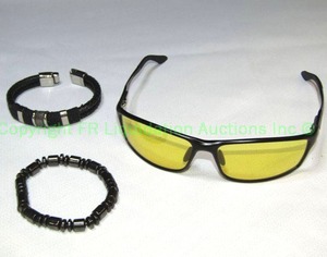 lot 108 image: Ostan mens bracelet, Hematite bracelet, and Soxick night driving glasses