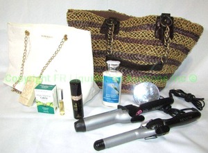 lot 121 image: Ladys vanity items including curling irons, purses, Liz Taylor white diamonds perfume, and more as shown