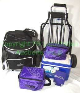 lot 123 image: Igloo polar six cooler, plus large and small coolers and luggage dolly