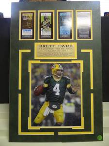 lot 8 image: GREEN BAY PACKERS WALL DISPLAY FEATURING BRETT FARVE AND 4 SUPERBOWL TICKET PHOTOS - COME WITH METAL ENGRAVED BIO PLATE