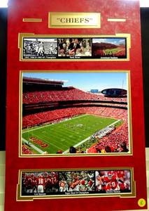 lot 18 image: KANSAS CITY CHIEFS WALL DIPLAY WITH METAL ETCHED PLATE AND AWESOME PHOTOS