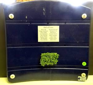 lot 39 image: RARE COLLECTIBLE - THE COWBOY HOUSE - ORIGINAL TEXAS STADIUM SEAT AND GAME USED TURF WITH DALLAS COWBOYS HALL OF FAME PLAQUE - WCOA