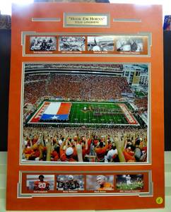lot 48 image: LARGE TEXAS LONGHORNS WALL DISPLAY WITH METAL NAME PLATE AND HISTORY PHOTOS - READY TO FRAME