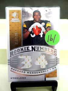 lot 161 image: LIMITED EDITION ROOKIE PATCH 010135 - RASHARD MENDENHALL 2008 THREADS ROOKIE NUMBERS DUAL WORN JERSEY PATCH RC 135 $$$