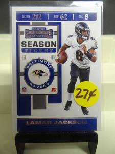 lot 274 image: 2019 Contenders Lamar Jackson Card #15 Baltimore Ravens