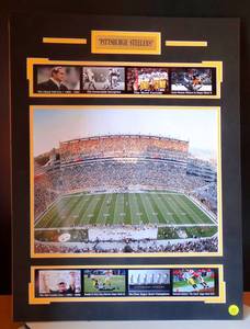 lot 77 image: PITTSBURGH STEELERS - CUSTOM MATTED WALL DISPLAY WITH METAL NAME PLATE - READY TO FRAME - MEASURES 17 X 22 12