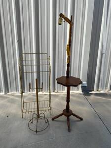 lot 13 image: Wooden Lamp Table, Brass towel rack and Metal Toilet Paper Stand