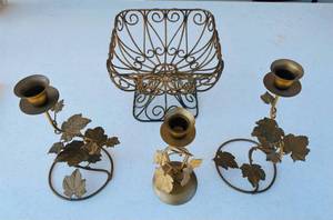 lot 23 image: Gold Metal Basket and 3 Candle holders