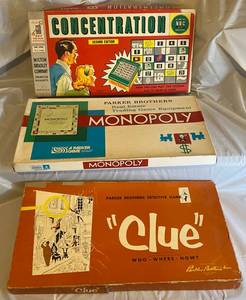 lot 122 image: 3 Vintage Board Games 1969 Monopoly game (complete) 1956 Parker Brothers Clue (complete) 1958 Milton Bradley Concentration Game (complete)