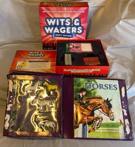lot 123 image: Wits & Wagers Board game by Dominic Crapuchettes Model Masters Horses Some Water Damage