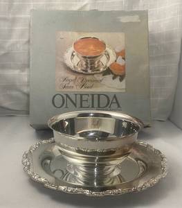 lot 126 image: Vintage Silver Plate Oneida Royal Provincial Bowl wembossed underplate gravy bowl, sauce bowl etc.